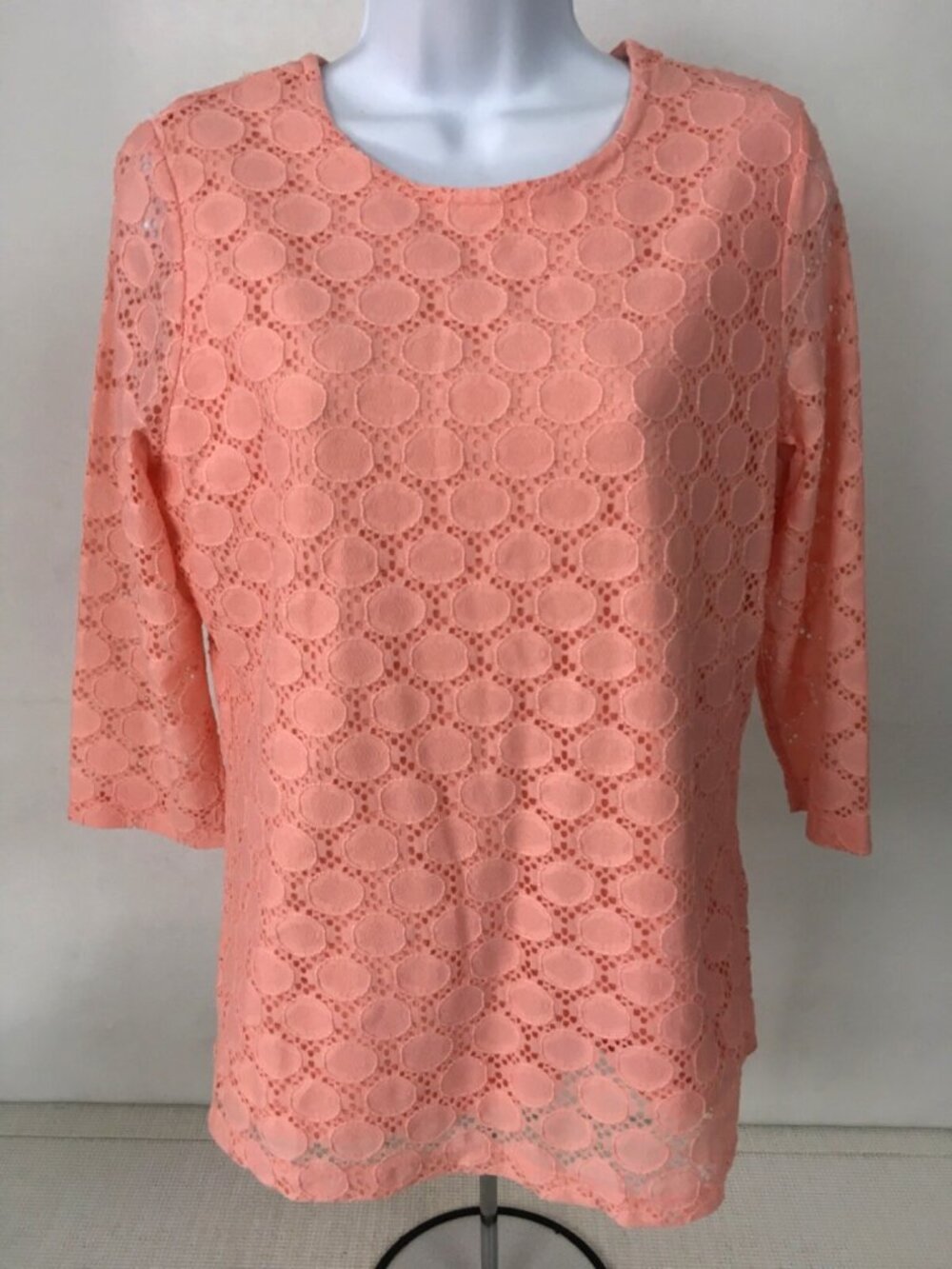 Denim n Co Top WomensSize S Light Orange Lined Lace Round Neckline 3/4 Sleeves